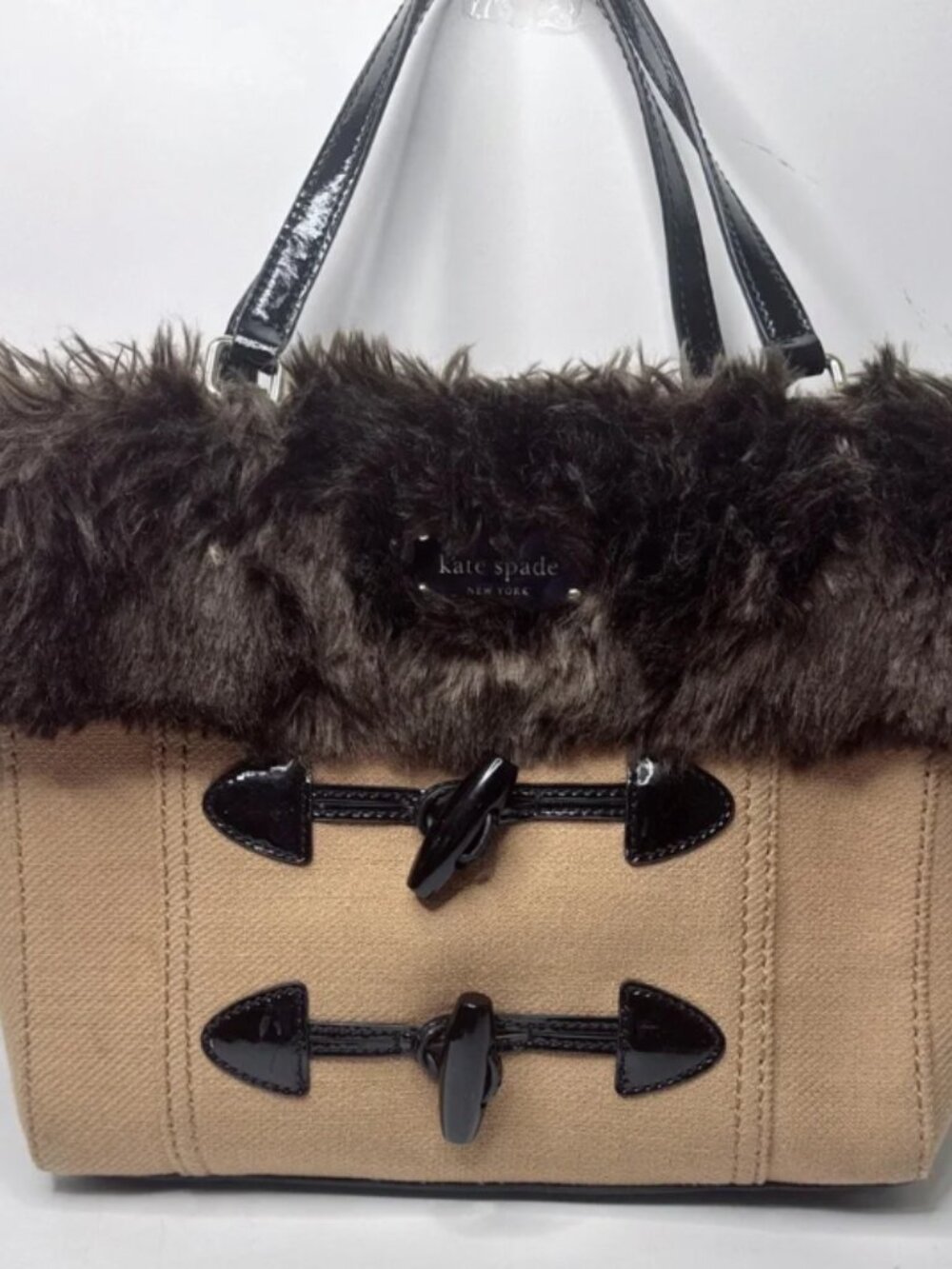 Kate Spade Quinn Foxtrot Hill Autumn Beige Canvas Fur Satchel Bag